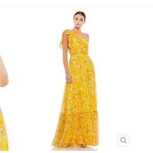 Mac Duggal Floral One Shoulder Bow Maxi Dress, yellow multi, size 6, NWT